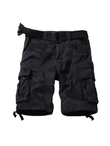 Men's 8062 black camo cargo shorts featuring multi-pockets and an included fabric belt