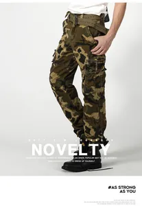 Detailed lookbook view of men's multi-pocket camouflage cargo pants for outdoor workwear