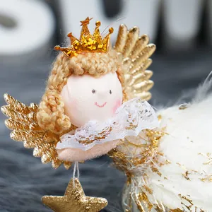 Adorable plush Christmas angel ornament with glittery gold wings and crown for tree