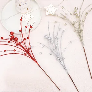 Branches de baies de Noël pailletées en rouge, argent et or pour décoration