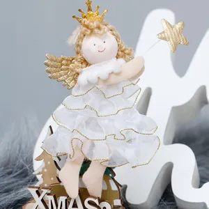 Christmas plush angel doll with golden wings and crown for tree or desktop decoration