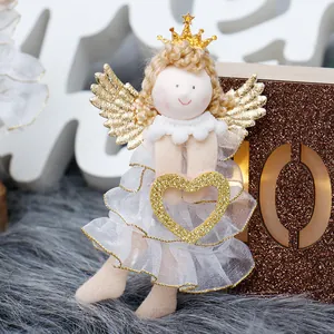 Charming blonde plush angel Christmas tree ornament with gold wings and glitter heart