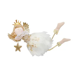 Cute Christmas angel plush hanging ornament with white feathers and gold glitter wings