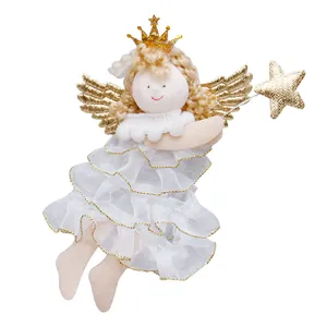 Handcrafted plush Christmas angel ornament with gold wings and crown for tree decor