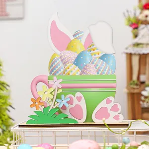 Décoration de table de Pâques en bois multicouche avec lapin et œufs colorés DIY