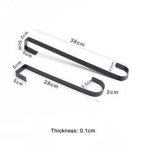Black metal Christmas wreath door hooks shown with detailed 28cm and 38cm dimensions