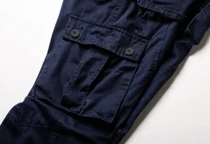 Close-up detail of the heavy-duty thigh cargo pocket on navy blue utility pants