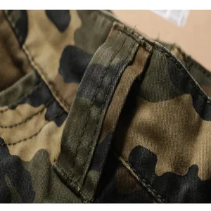Macro view showing the durable stitching and camouflage fabric of outdoor cargo pants