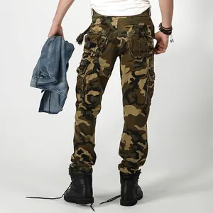 Rugged men's camouflage cargo pants featuring a multi-pocket design for outdoor utility
