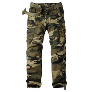 Men's outdoor camouflage cargo pants with multi-pockets and matching belt.