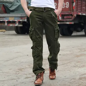 Men's olive green multi-pocket cargo pants with belt for outdoor wear