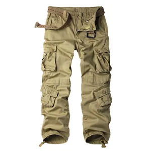 Durable khaki men's outdoor multi-pocket cargo pants with matching waist belt accessory