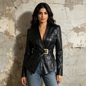 Schicke schwarze PU-Lederjacke mit tiefem V-Ausschnitt und verstellbarem Gürtel