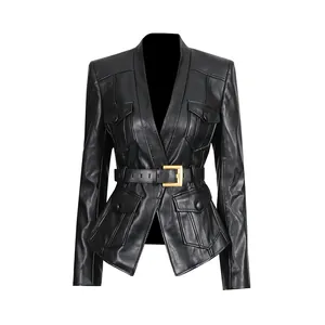 Schwarzer PU-Lederblazer mit tiefem V-Ausschnitt und Gürtel für Damen