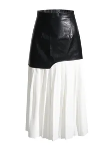 Elegante falda midi plisada asimétrica de cuero sintético con cintura alta bicolor