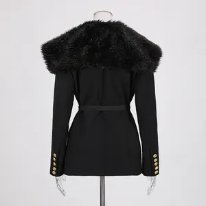 Back view of a black blazer featuring a large detachable faux fur collar and waist tie