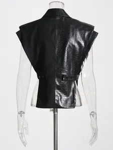Moderne zwarte mouwloze blazer gilet met krokodillenleer patchwork en tailleband