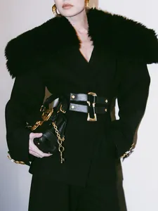 Women Designer Tie Waist Slim Fit Blazer Elegant Detachable Fur Collar Top Long Sleeve Gold Buttons Double Breasted Suit Jacket