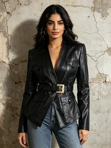 Damen PU-Leder Jacke Slim Fit Tiefer V-Ausschnitt Blazer Mit Gürtel Langarm Einfarbig Streetwear Outerwear Top