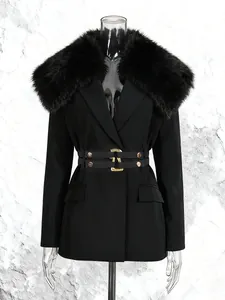 Elegant slim fit black blazer with a detachable faux fur collar and belted waist