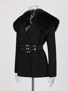 Elegant black long sleeve blazer with detachable faux fur collar and belted waist.