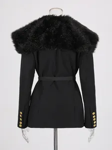 Elegant black waist-tie blazer with large detachable faux fur collar, back view.