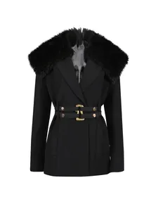 Elegant black waist-belted blazer featuring a detachable faux fur collar and gold buckle