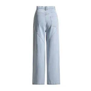 Back view of high-waist light blue denim jeans featuring a heart-shaped seam design