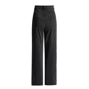 Back view of high-waisted black wide-leg denim jeans with curved seam detailing