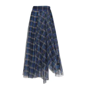 Detailed view of high waisted blue plaid A-line skirt featuring a sheer tulle overlay