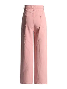 Detailed back view of pink high-waisted wide-leg jeans featuring heart-shaped seam work