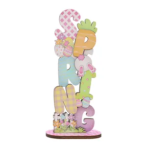Décoration de Pâques en bois avec lettres SPRING colorées et motifs lapin et œufs