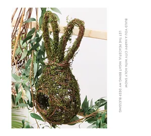 Handmade natural vine rabbit bird nest pendant with green moss for Easter decoration