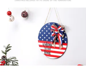 American flag themed wooden round door hanging sign with Welcome message and bow