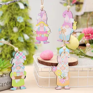 Cute Easter wooden gnome hanging ornaments set with bunny ears and pastel patterns