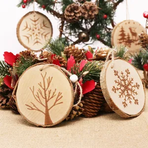 Christmas Wood Slices Hanging Ornaments Natural Pine Laser Engraved Reindeer Snowflake Patterns Rustic Bark Edge Holiday