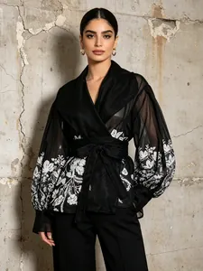 Women's Vintage Court Style Organza Blouse With Lantern Sleeves Floral Print Tie-Waist Loose Fashion Shirt Top