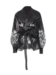 Elegant black palace-style lantern sleeve shirt with white floral print and waist tie