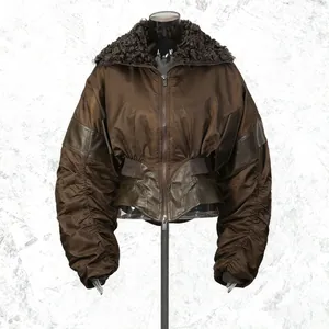 Detailed view of an American vintage cropped jacket with ruched sleeves and faux fur collar