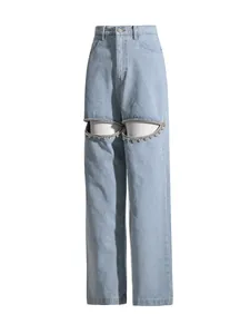 High waist wide leg denim jeans with rhinestone trim cutout design in light blue