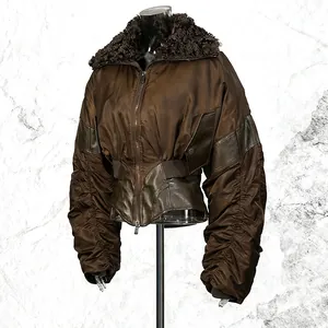 Vintage brown cropped jacket with ruched sleeves and faux fur collar detail