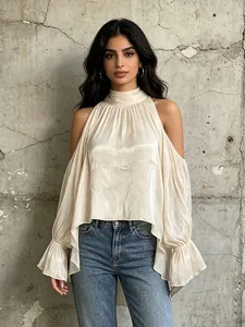 Blusa Elegante de Mujer con Hombros Descubiertos Cuello Alto Manga Acampanada Color Sólido Textura Satinada