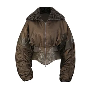 Front view showing details of vintage brown cropped jacket with fur collar and ruched sleeves