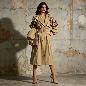 Elegant khaki mid-length trench coat featuring unique ruffled sleeves and a belted waist