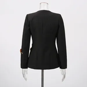 Detailed back view of a black designer blazer for women with 3D floral appliques