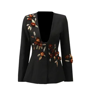 Detailed view of women's black blazer with exquisite 3D copper floral appliqués