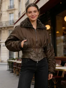 Women American Retro Short Jacket Early Spring New Pleated Cuffs Waist Cinching Padded Coat With Faux Fur Collar Fashion Outwear