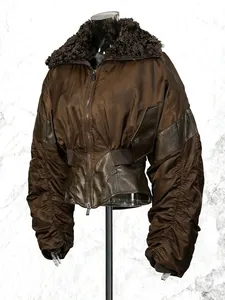 Vintage American style brown cropped jacket with ruched sleeves and fur collar for women