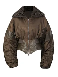Retro American cropped brown jacket with cinched waist and gathered sleeves for women