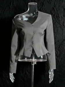 Dames Elegant Schuine Kraag Lange Mouw Blazer Top Off-shoulder Getailleerd Effen Grijs Pak Jas Kantoor Lady Bovenkleding